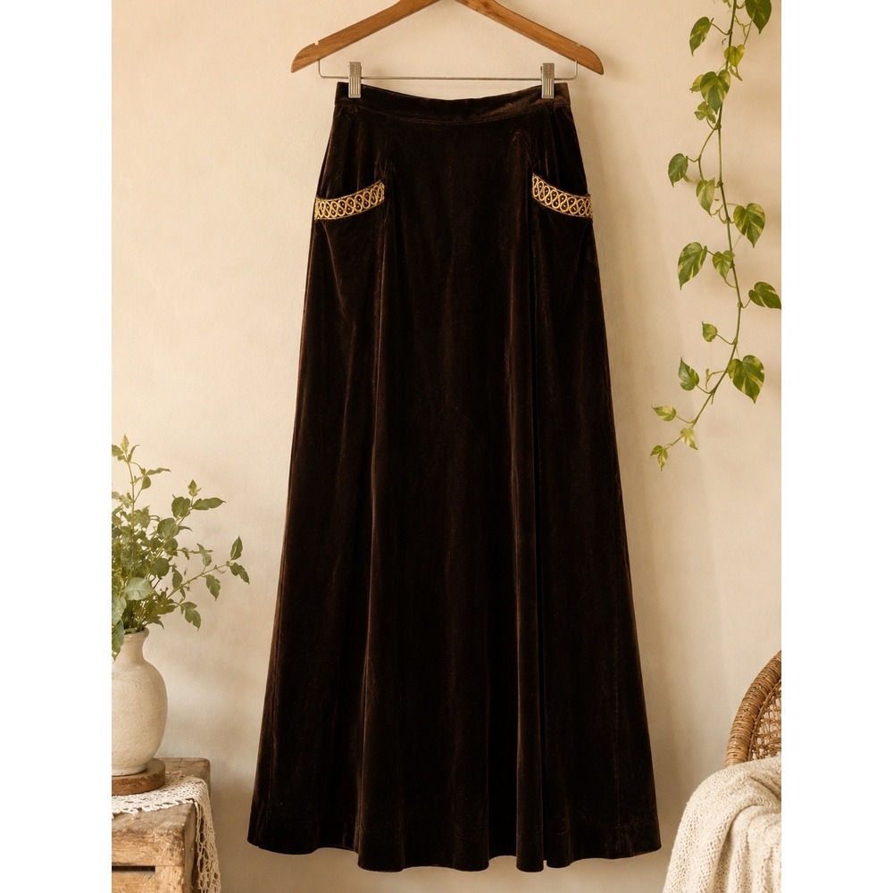 Oscar de la Renta Studio Vintage Brown Velvet Maxi Skirt Gold Trim Womens 10